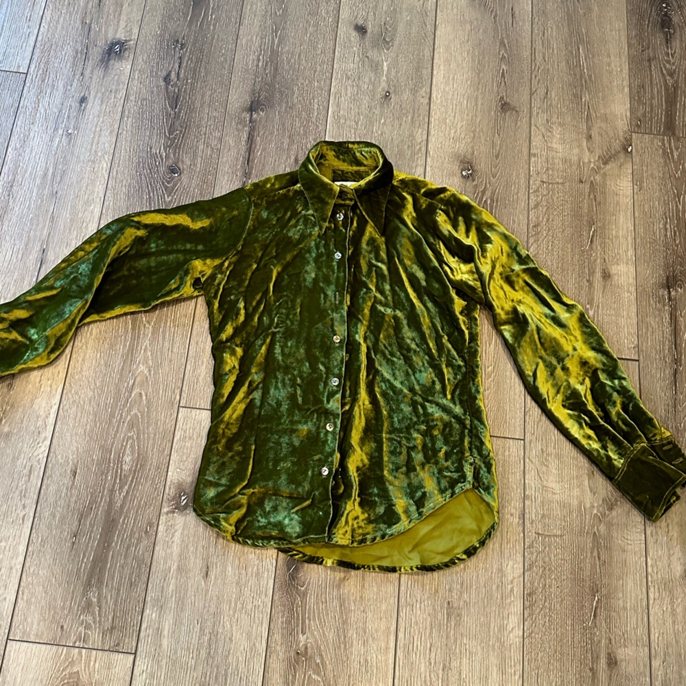 Women’s Ted Baker Olive Green Velvet Button-Up Collared Blouse Top - 1